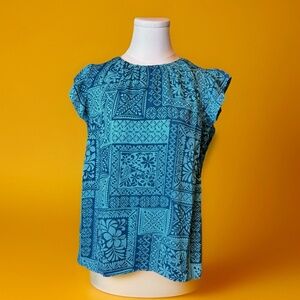 Loft Size Small Ruffled Sleeveless Top Geometric Botanical Block Print Turquoise